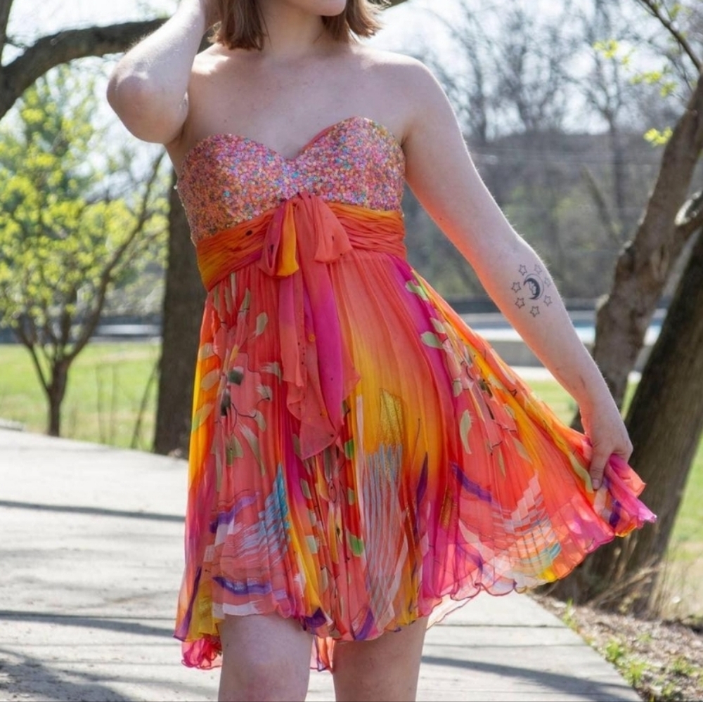 BG Haute Silk Watercolor Sequin Strapless  Dress